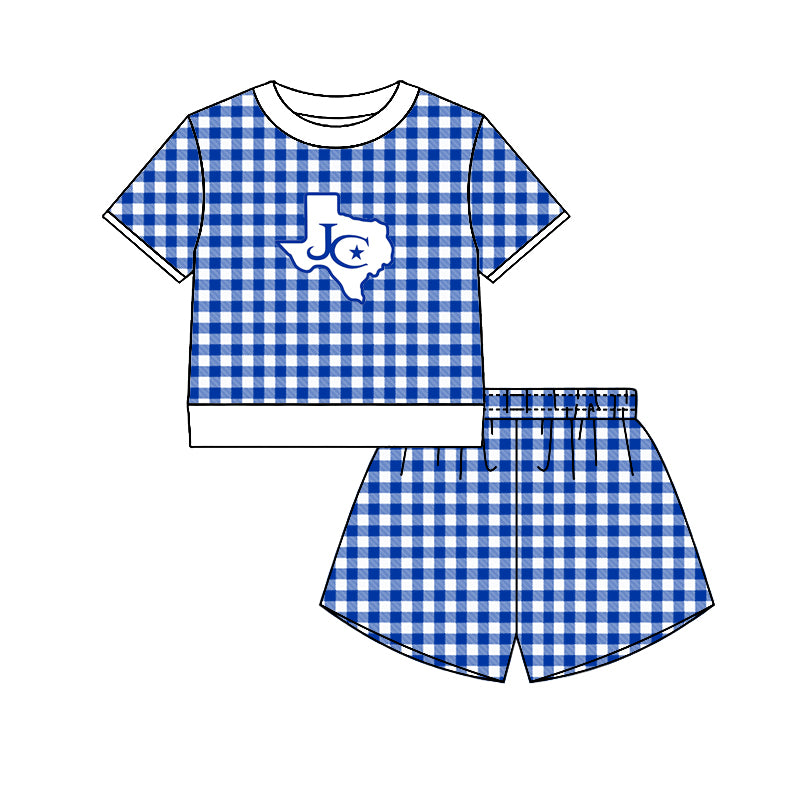 (Custom Design Preorder MOQ 5) Teams Jarrell Cougars Top Blue Checkerd Shorts Mommy and Me Summer Yoga Clothes Set