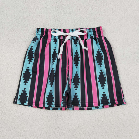 Aztec Stripes Print Boys Western Swim Trunks With Drawstring
