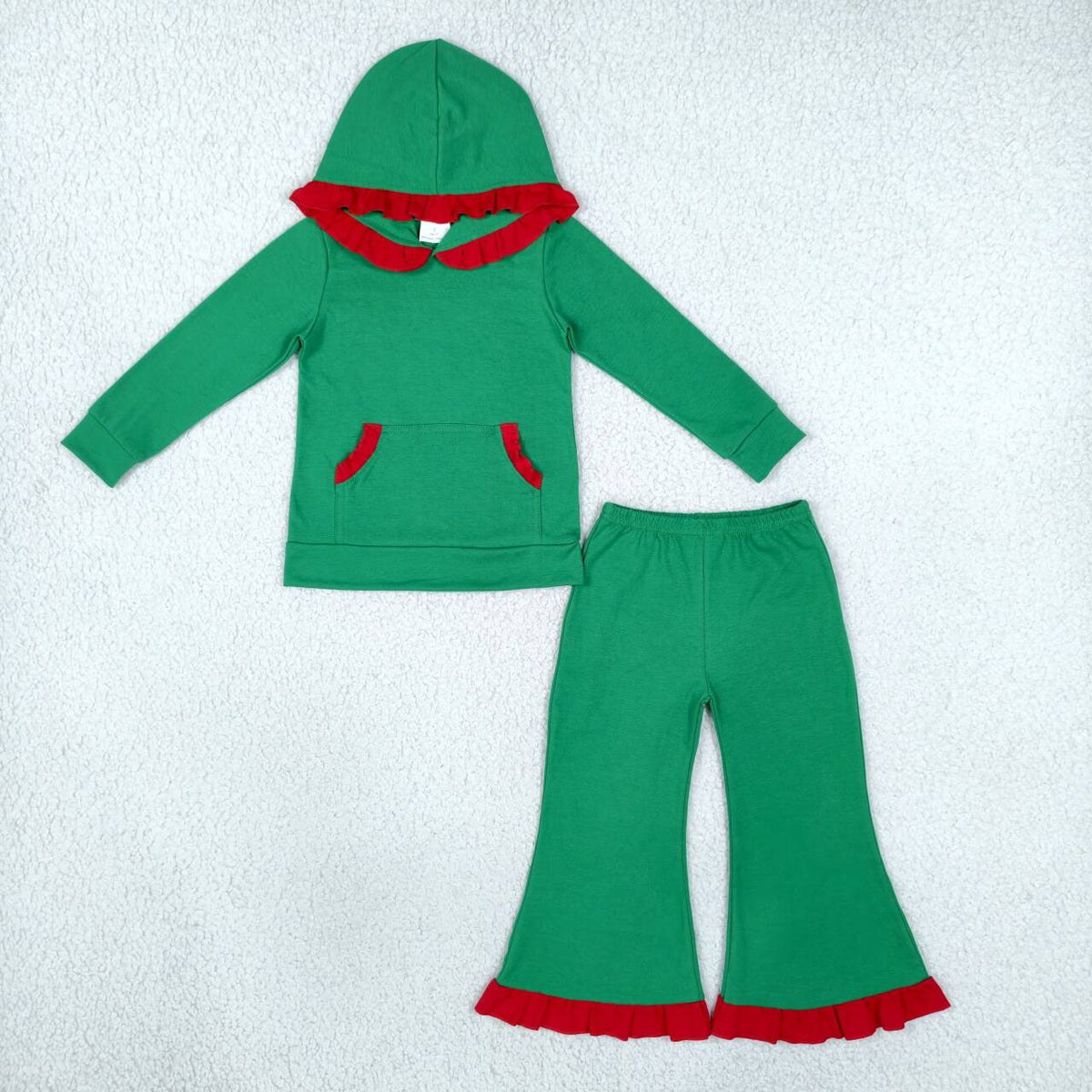 Green Cotton Pocket Hoodie Top Bell Pants Girls Christmas Clothes Set