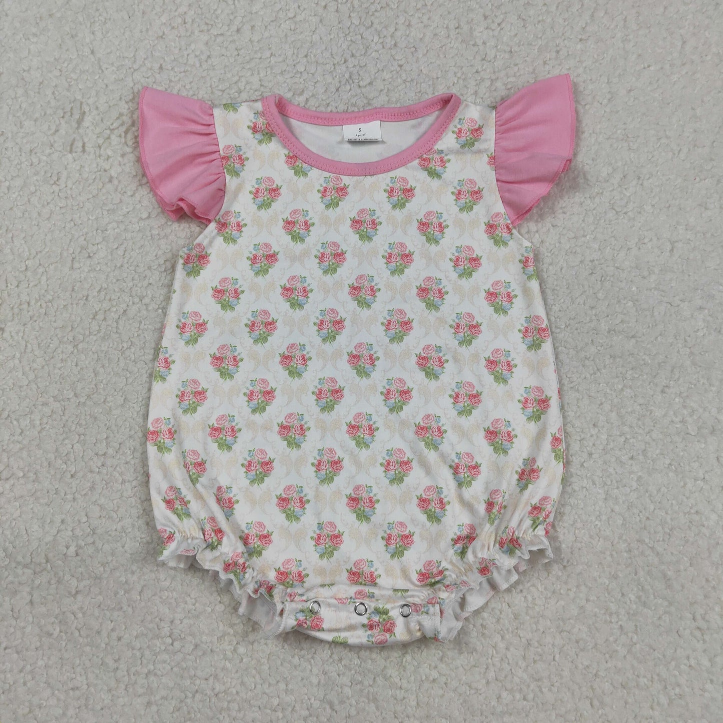 SR3677 Baby Girls Pink Flowers Flutter Sleeve Bubble Romper