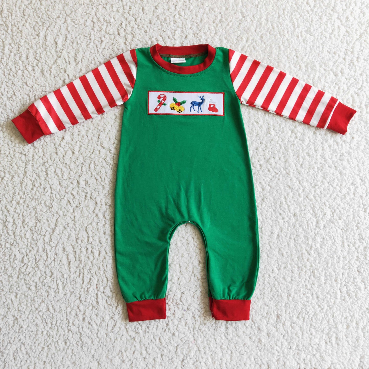 LR0110 Candy Deer Embroidery Stripes Print Baby Boys Christmas Romper