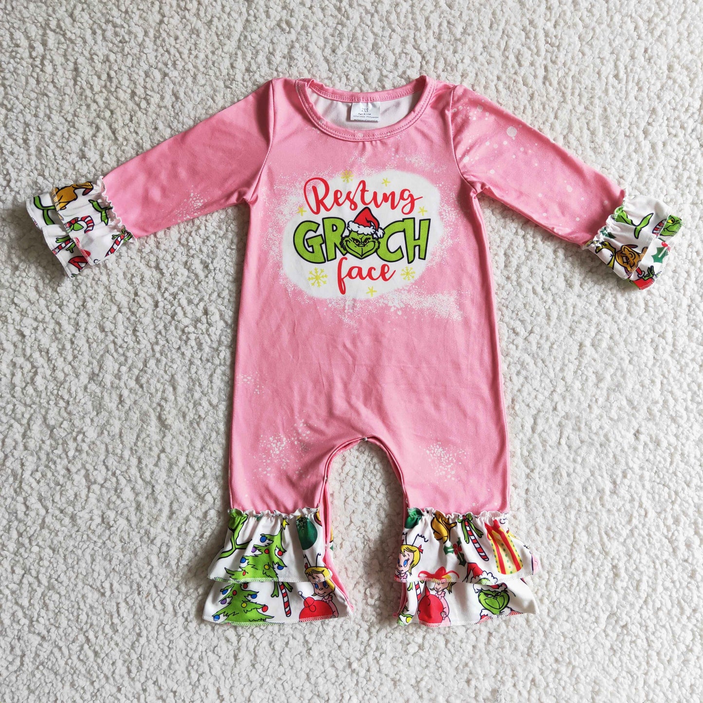 LR0154 Green Frog Pink Print Baby Girls Christmas Ruffle Romper