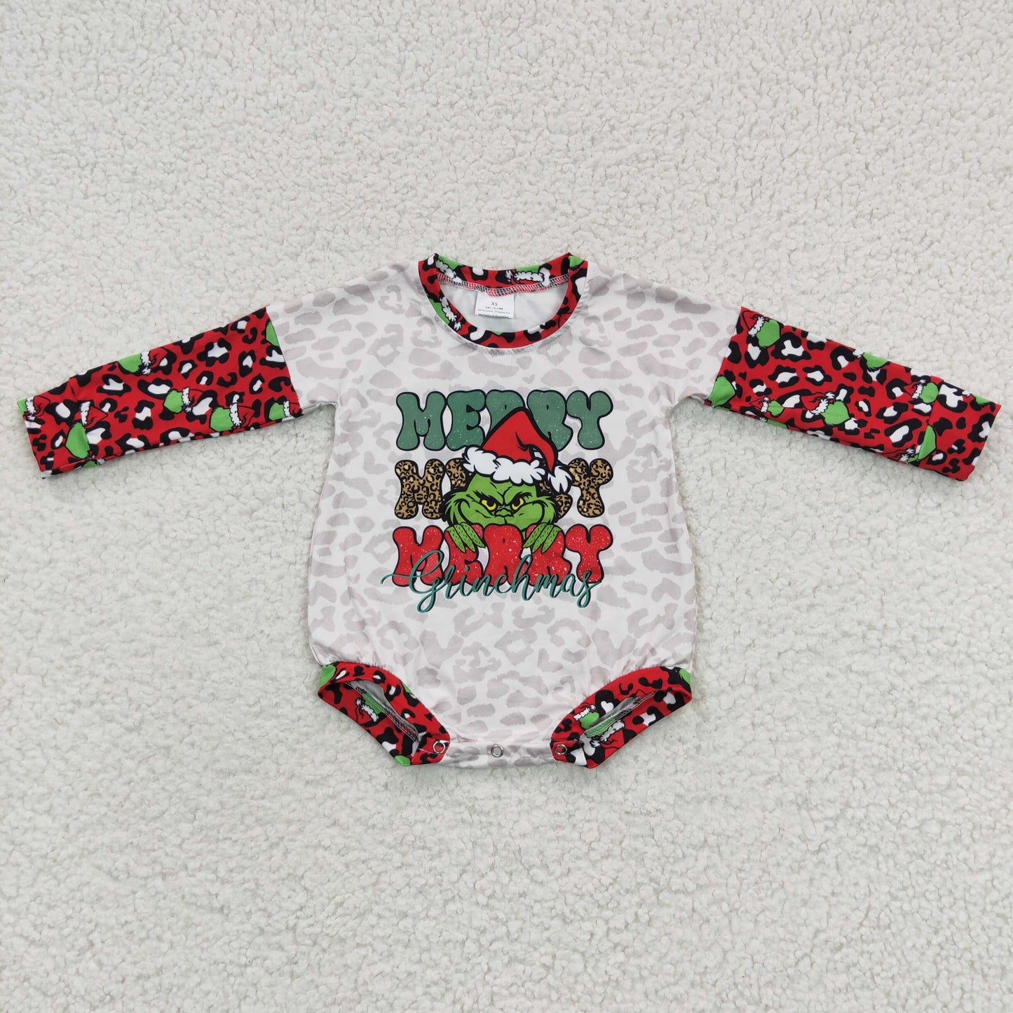 LR0279 Green Frog Leopard Print Baby Girls Merry Christmas Romper