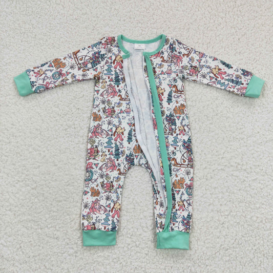 LR0296 Green Frog Friends Print Baby Girls Christmas Zipper Sleeper Romper