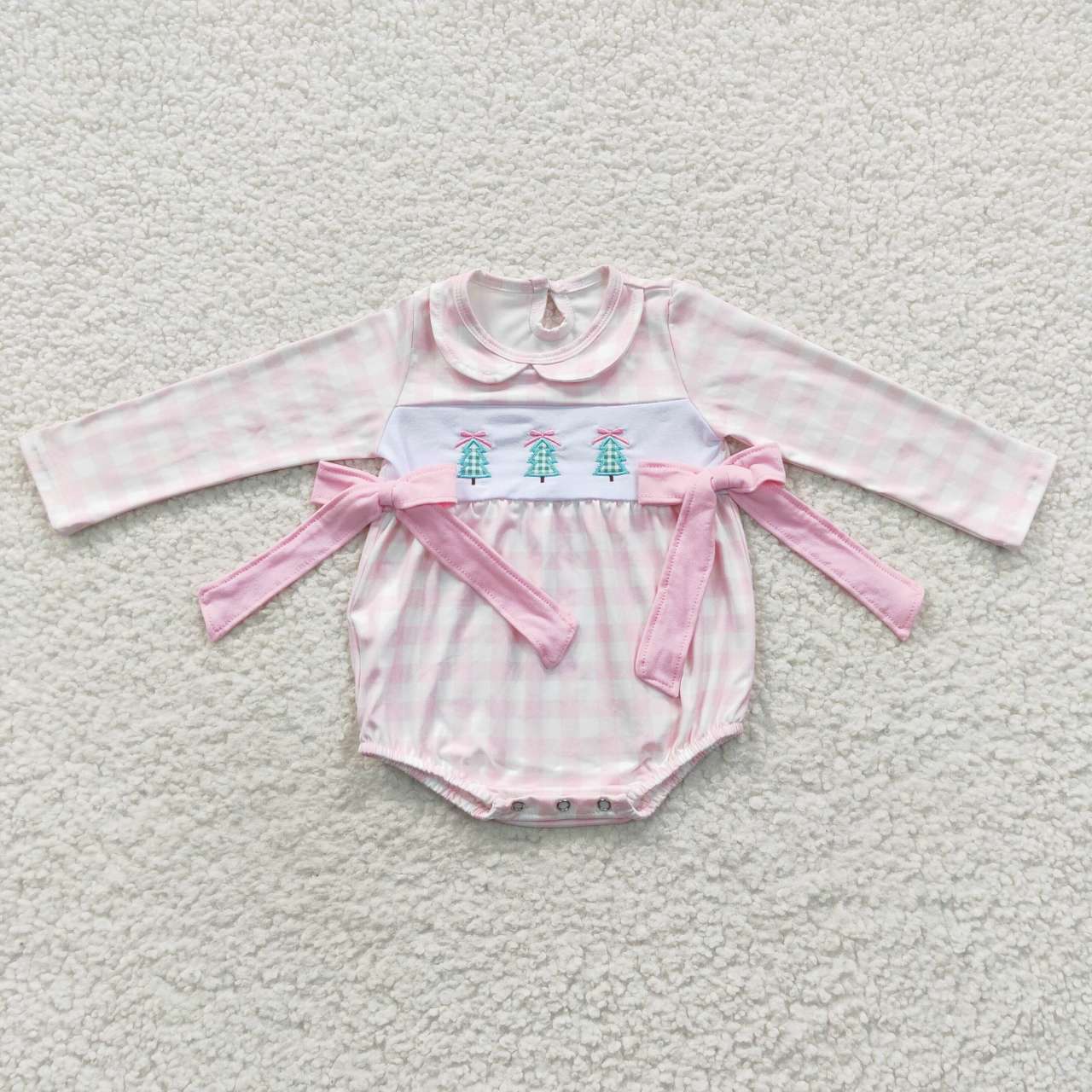 LR0334 Tree Embroidery Pink Checkered Baby Girls Christmas Bows Doll Collar Romper
