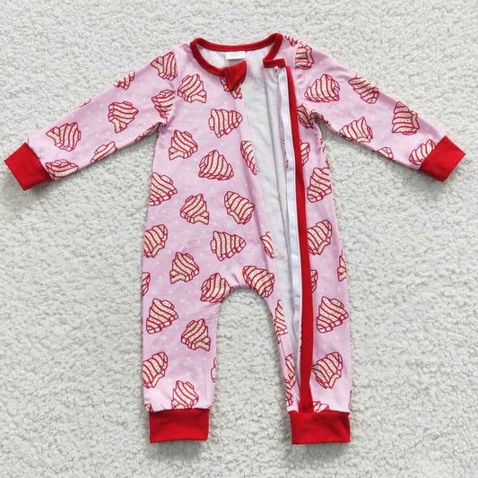 LR0340 Debbie Cake Pink Print Baby Girls Christmas Zipper Sleeper Romper