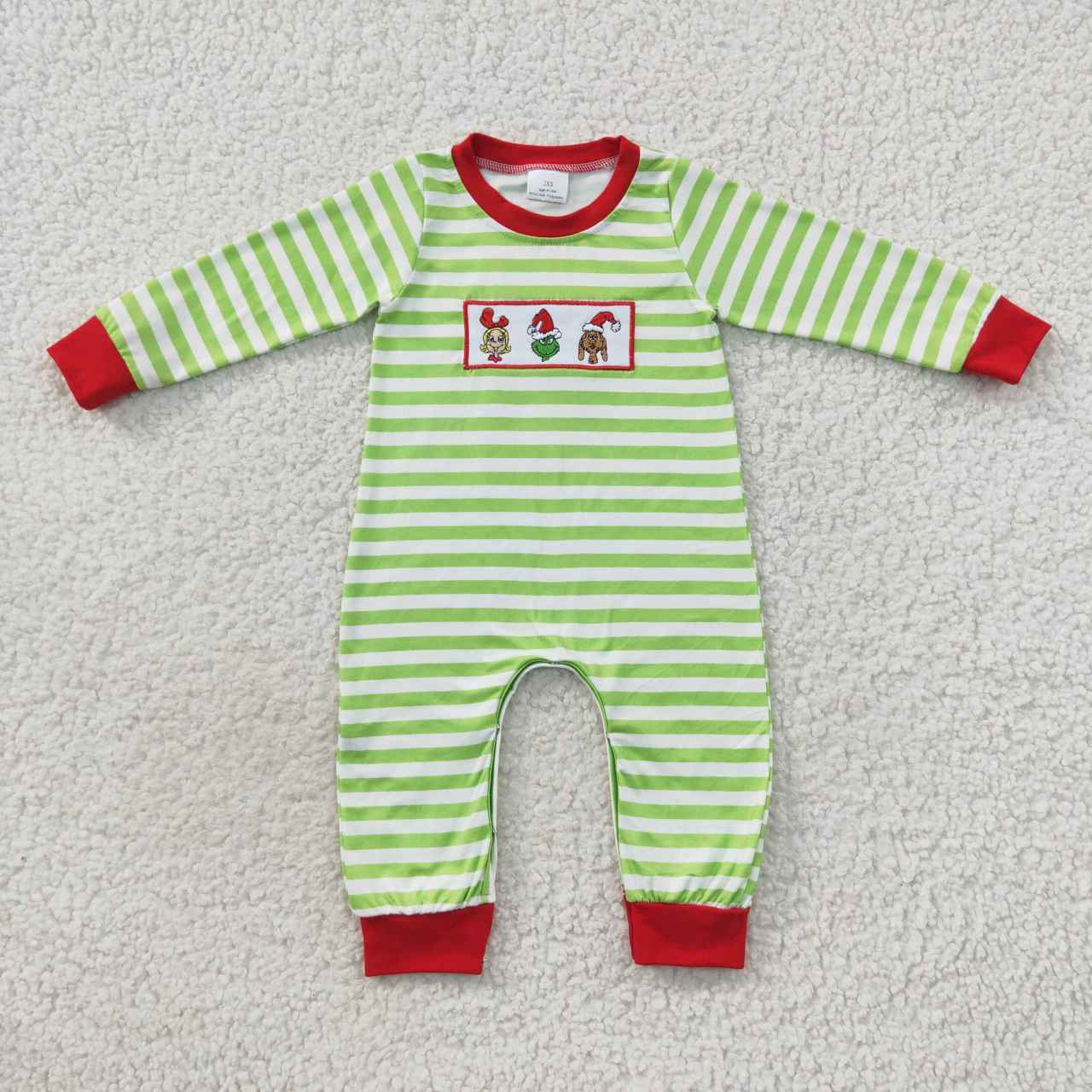 LR0388 Green Frog Embroidery Stripes Baby Boys Christmas Romper
