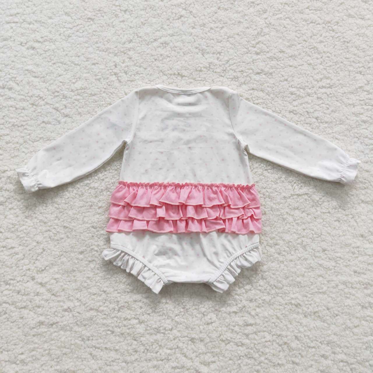 LR0392 Tree Embroidery Pink Dots White Baby Girls Christmas Ruffle Romper