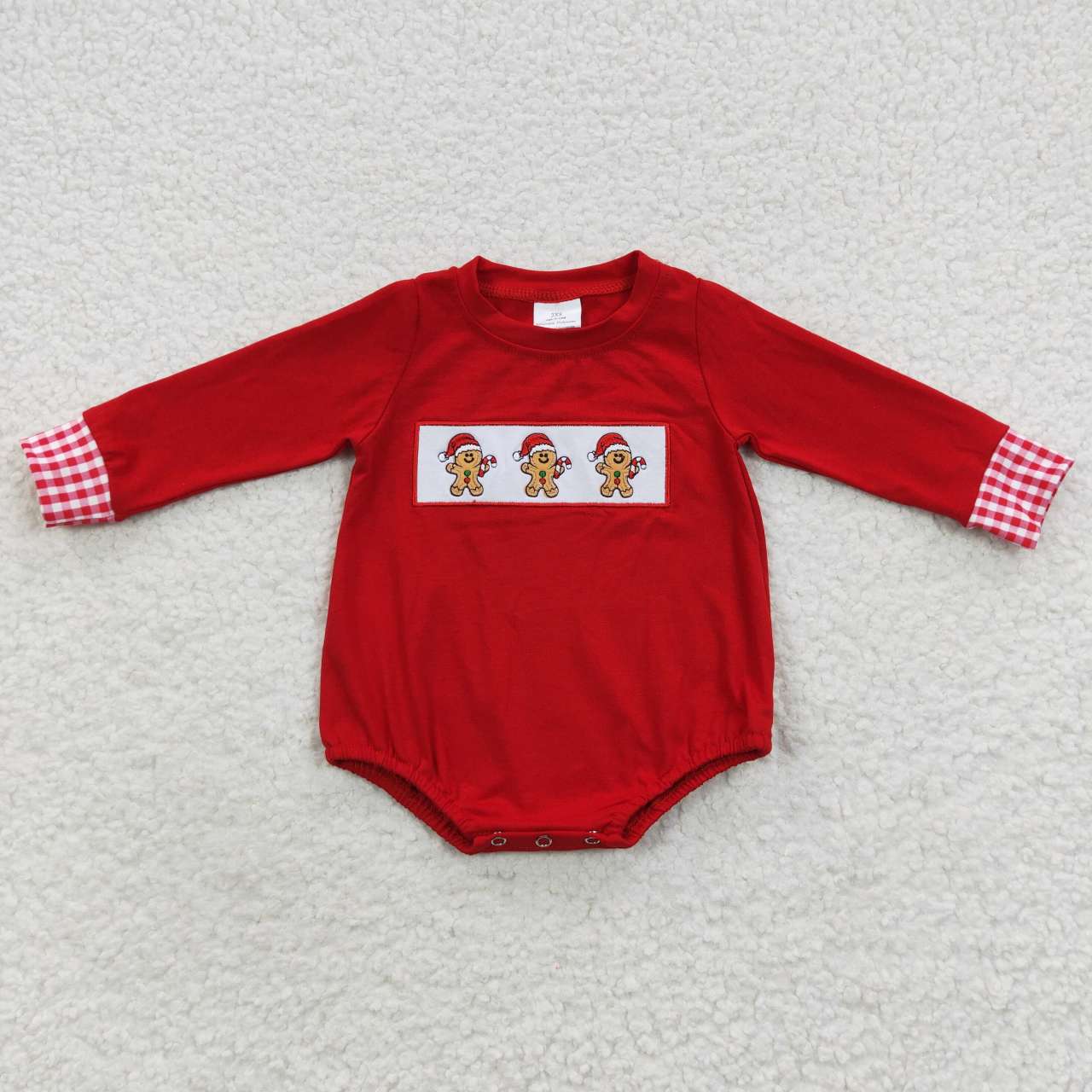 LR0394 Gingerbread Embroidery Red Baby Boys Christmas Romper