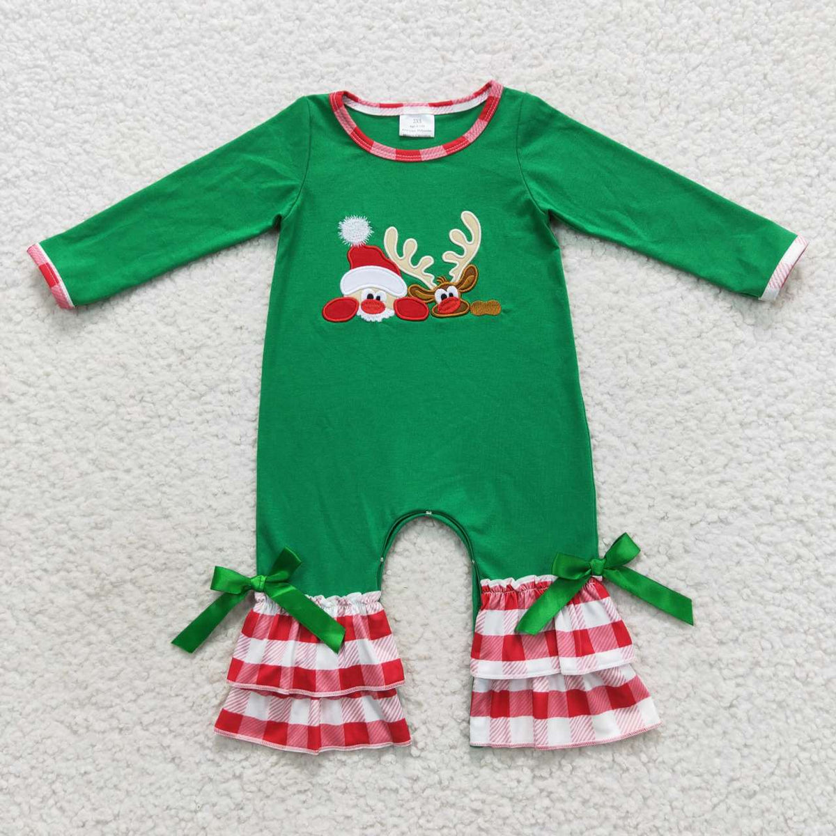 LR0395 Santa Deer Embroidery Green Baby Girls Christmas Romper