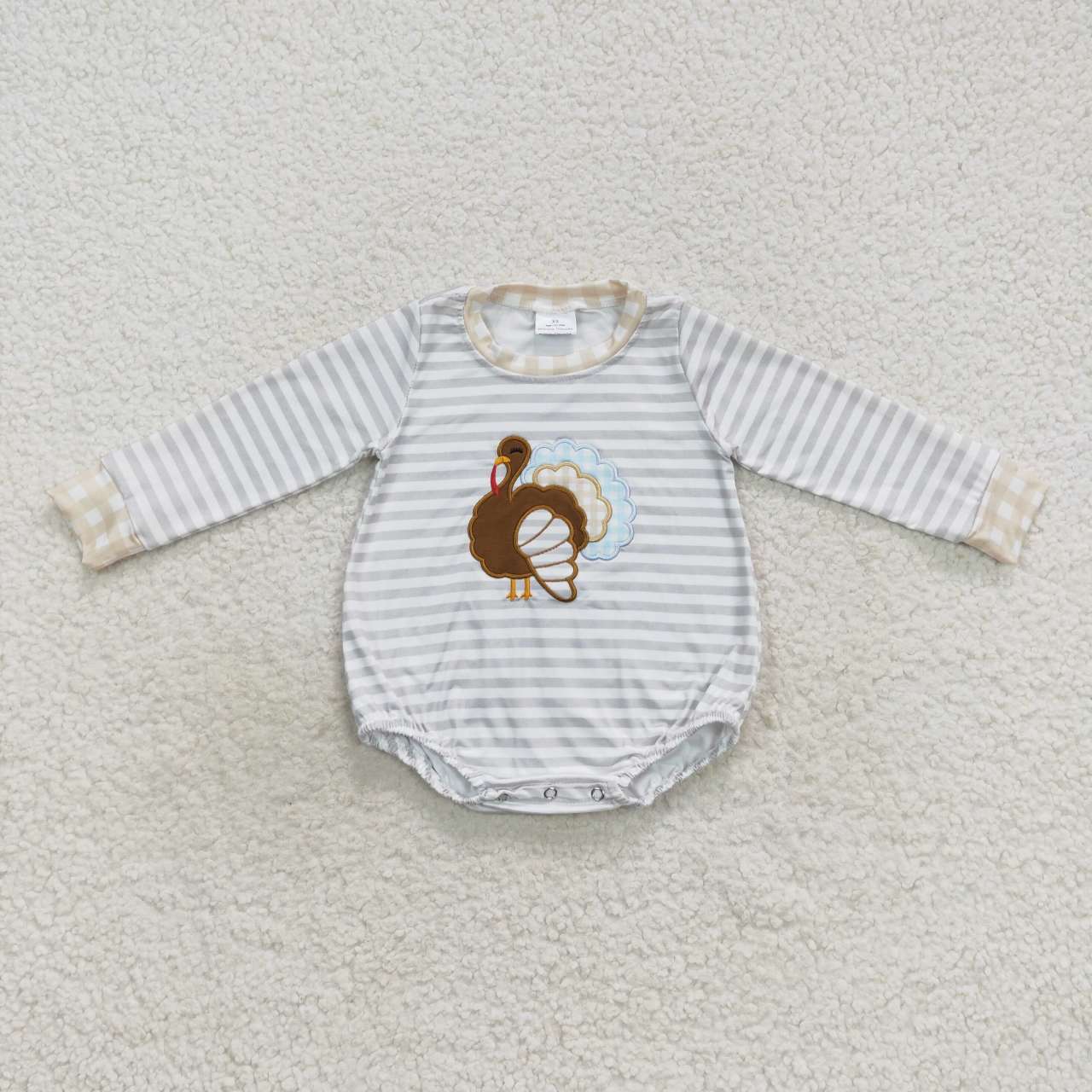 LR0427 Turkey Embroidery Stripes Baby Boys Thanksgiving Bubble Romper