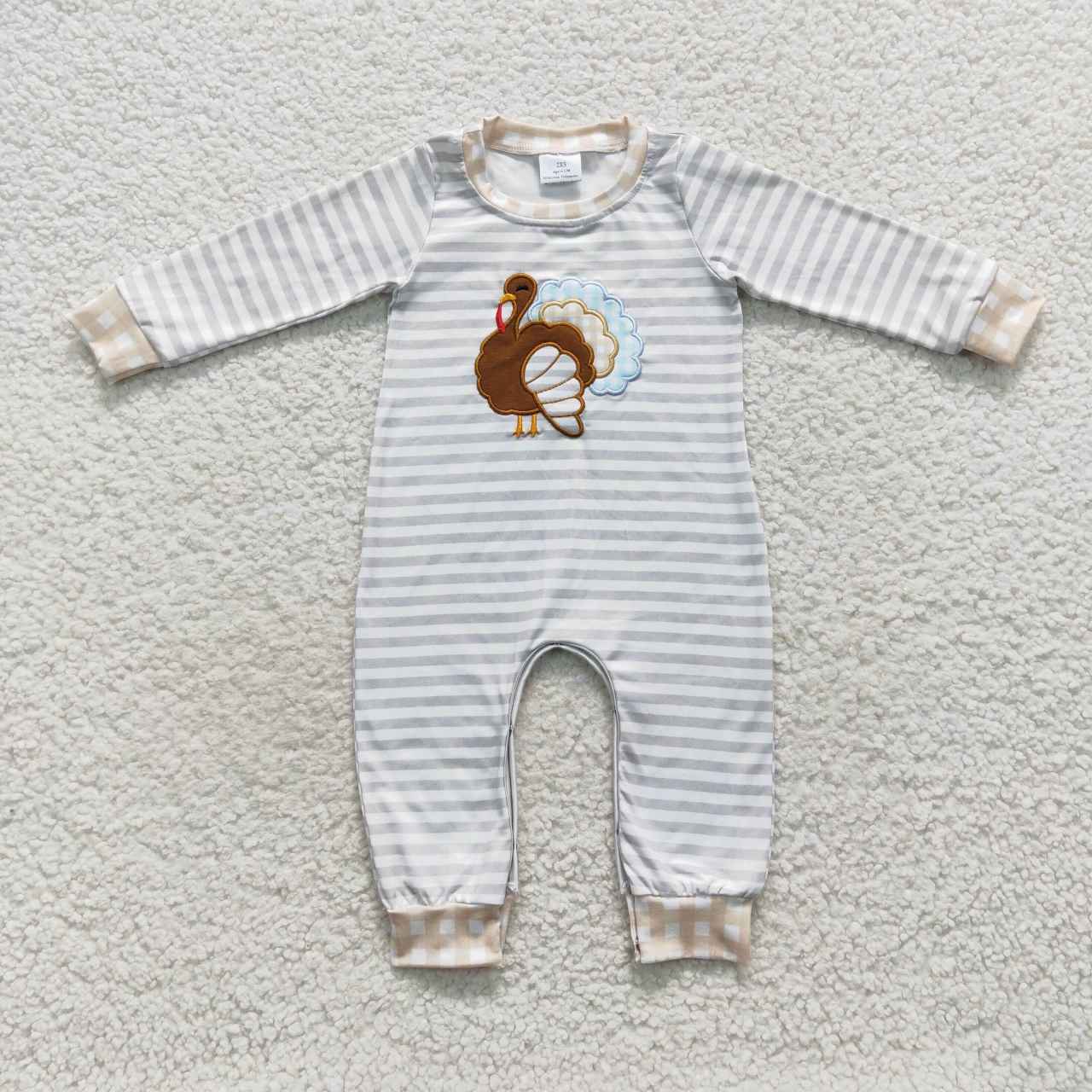LR0429 Turkey Embroidery Stripes Baby Boys Thanksgiving Romper