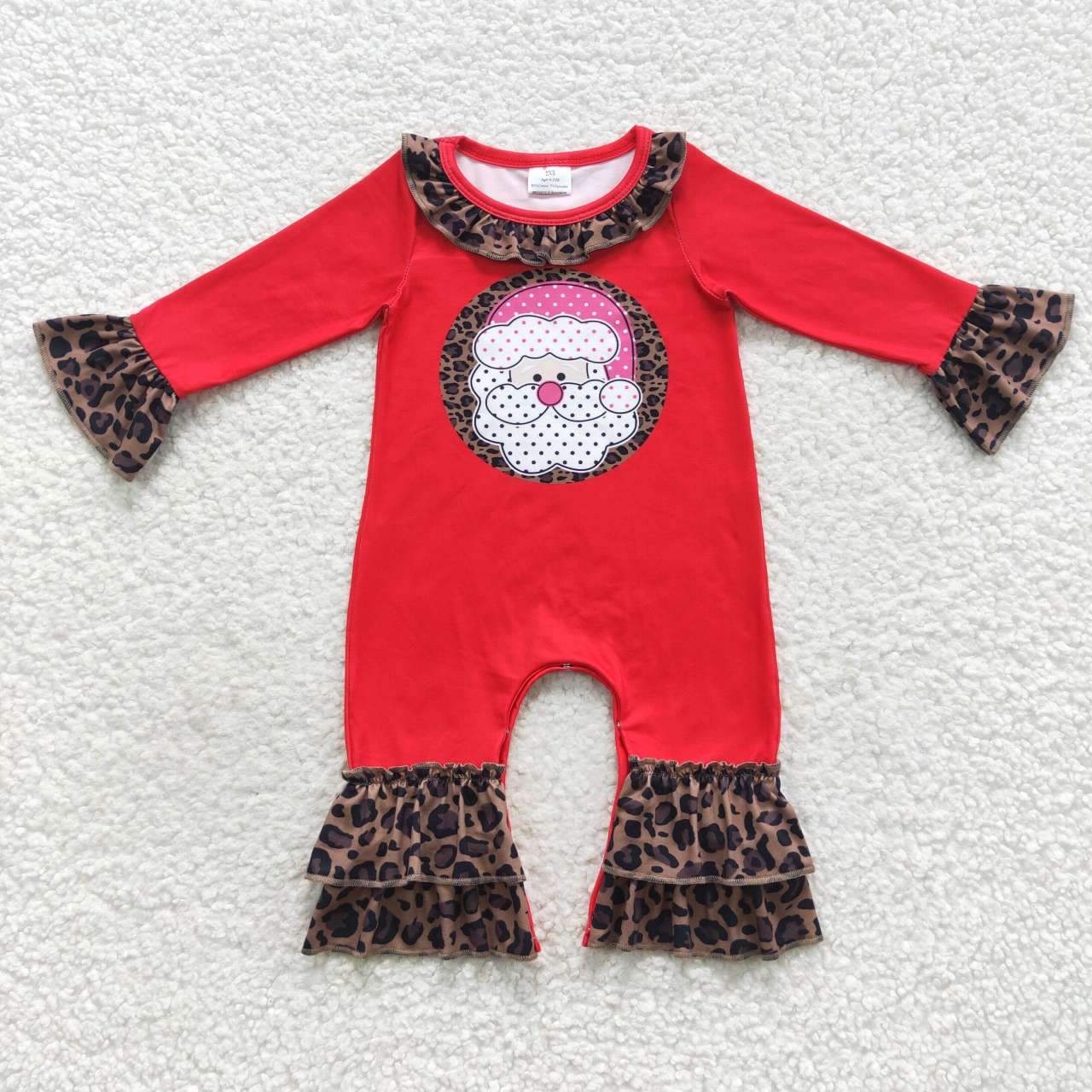 LR0435 Santa Leopard Red Print Baby Girls Christmas Ruffle Romper