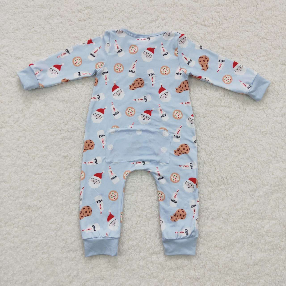 LR0472 Santa Milk Blue Print Baby Boys Christmas Zipper Sleeper Romper