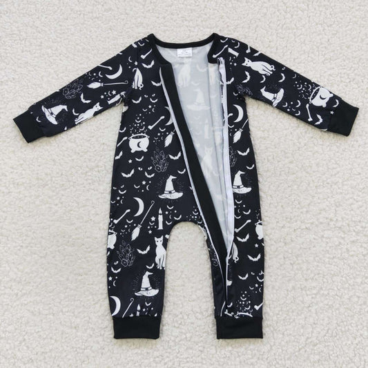 LR0473 Witch Cat Bat Black Baby Halloween Zipper Sleeper Romper
