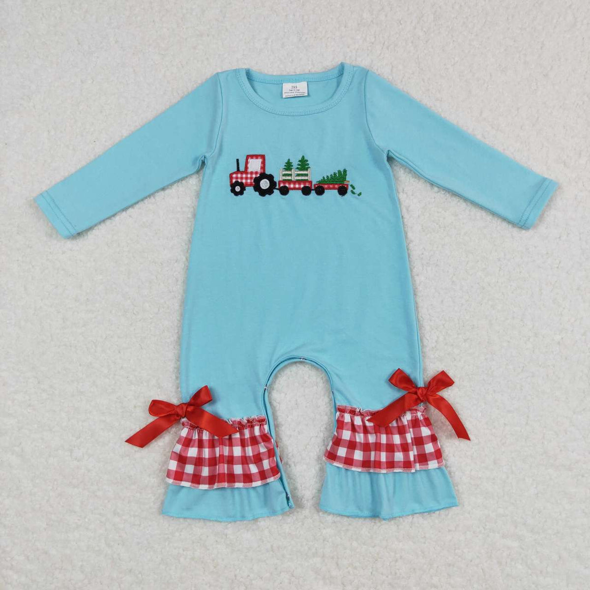LR0472 Tractor Tree Embroidery Blue Baby Girls Christmas Romper