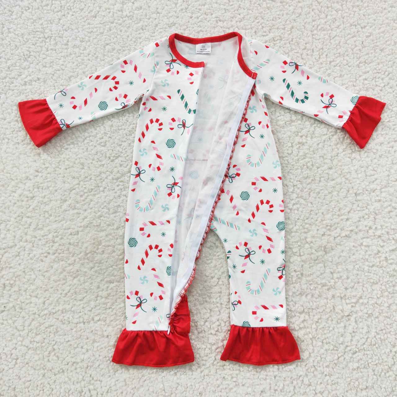 LR0501 Candy Cane Print Baby Girls Christmas Zipper Sleeper Romper