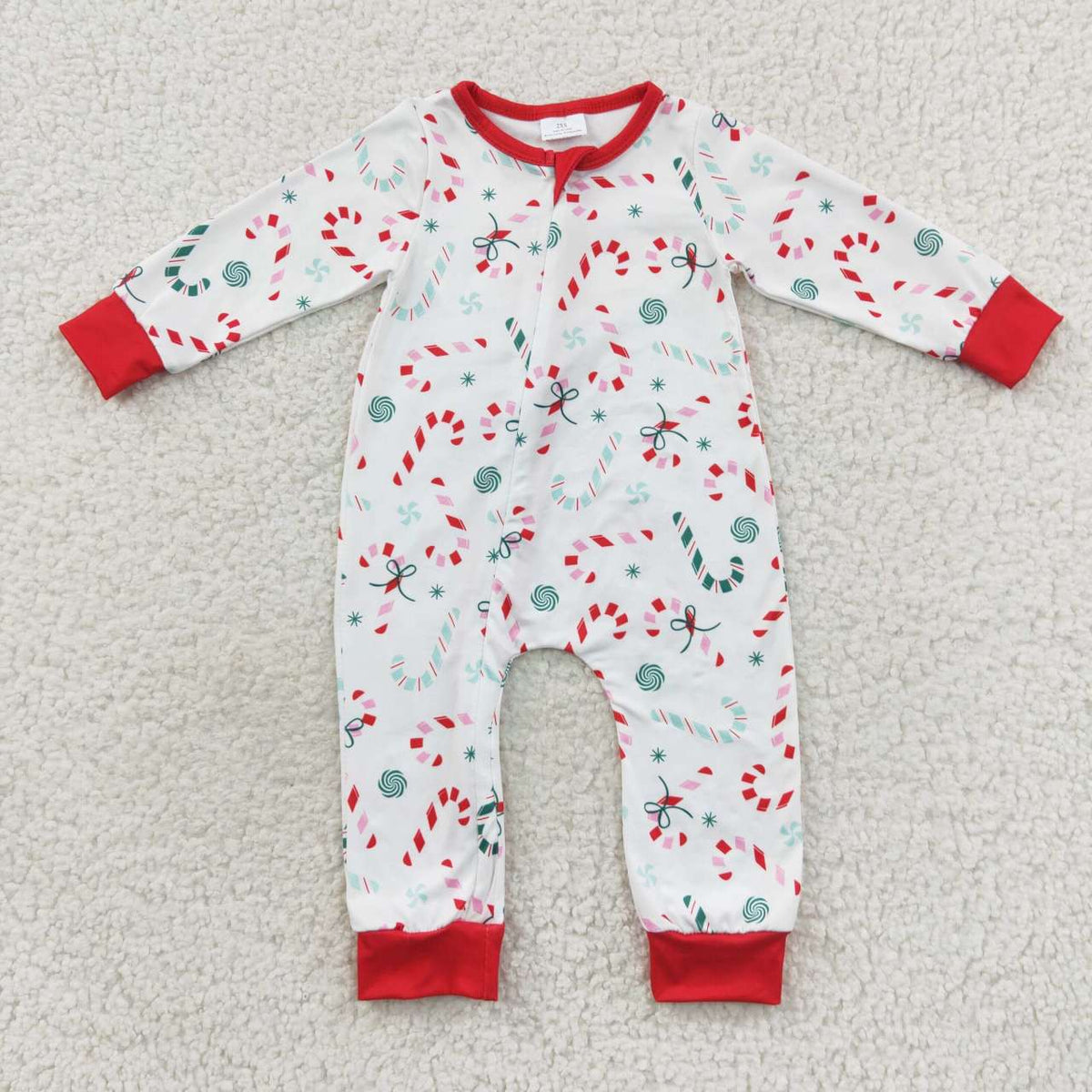 LR0506 Candy Cane Print Baby Boys Christmas Zipper Sleeper Romper
