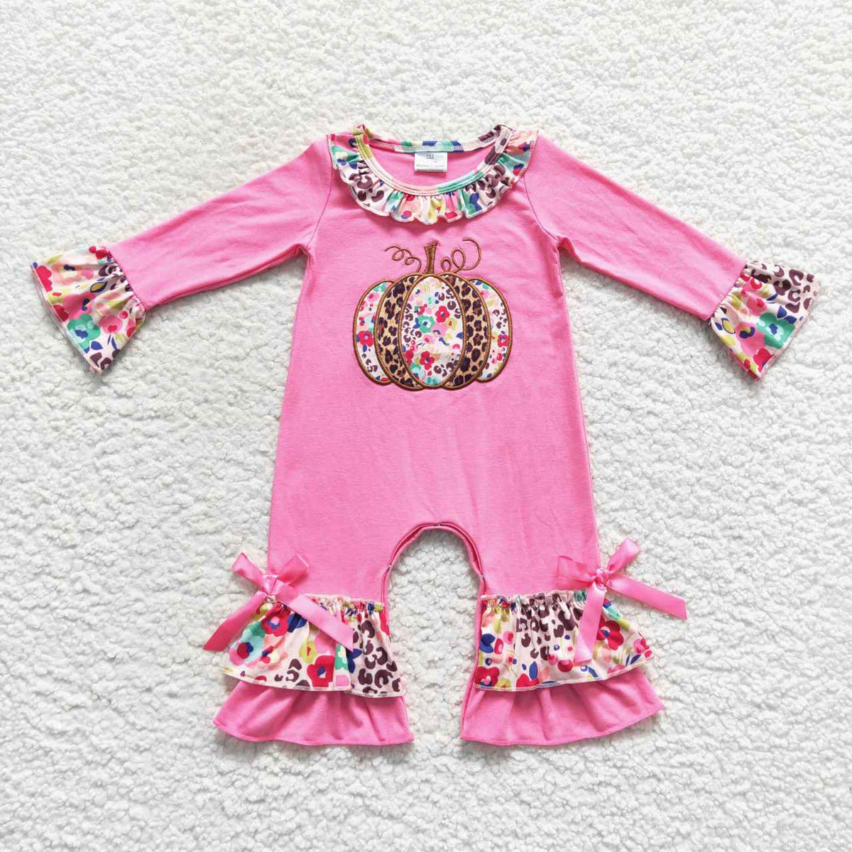 LR0511 Pumpkin Embroidery Flowers Leopard Hot Pink Baby Girls Fall Romper