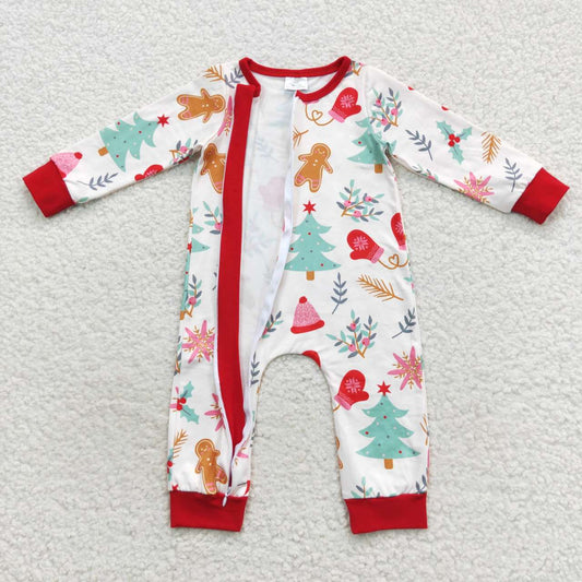 LR0522 Gingerbread Tree Holy Print Baby Christmas Zipper Sleeper Romper