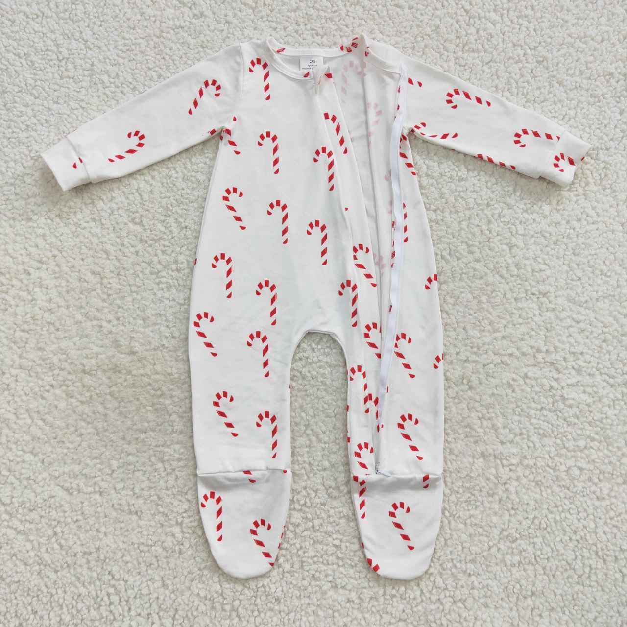 LR0551 Candy Cane Print Baby Christmas Zipper Sleeper Footie Romper