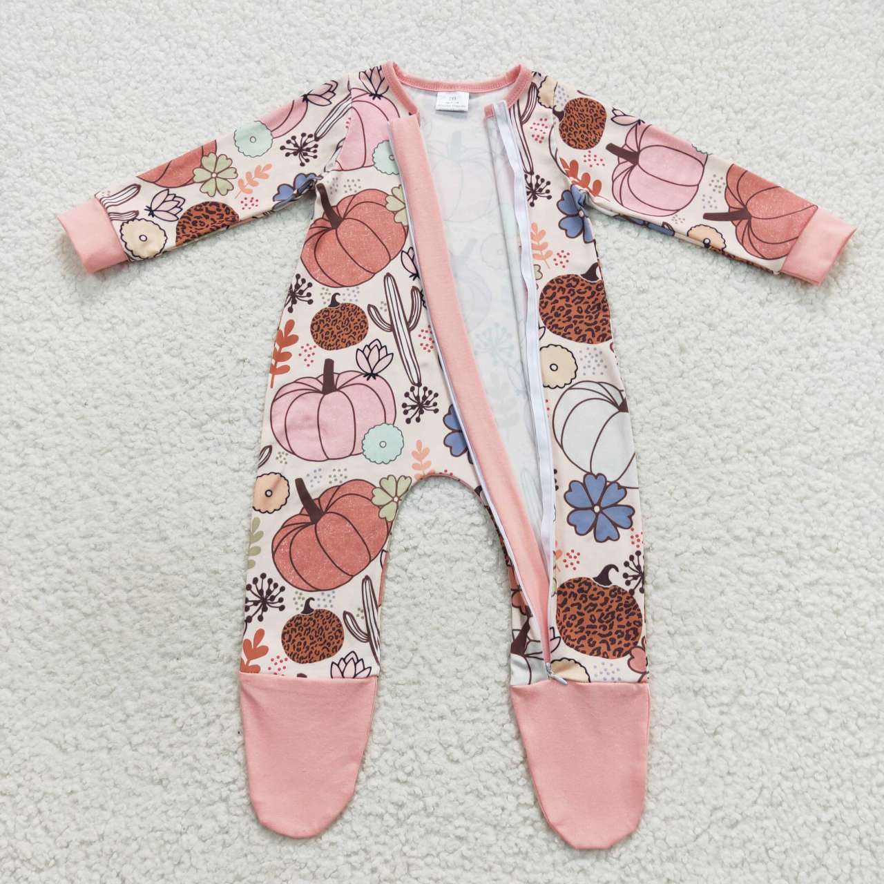 LR0553 Pumpkin Flowers Pink Baby Girls Fall Zipper Sleeper Romper