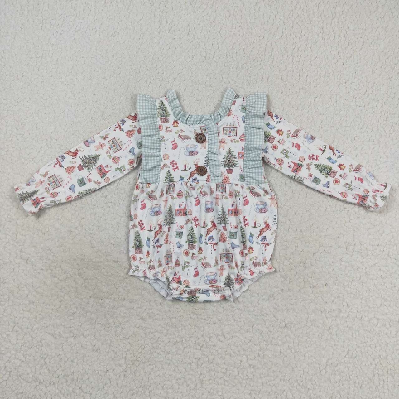 LR0556 Snowman Candy House Print Baby Girls Christmas Ruffle Romper