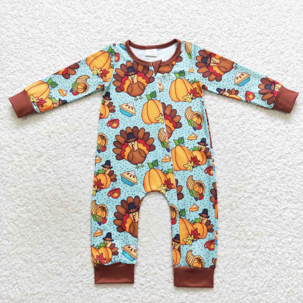 LR0581 Turkey Pumpkin Pie Print Baby Boys Thanksgiving Zipper Sleeper Romper