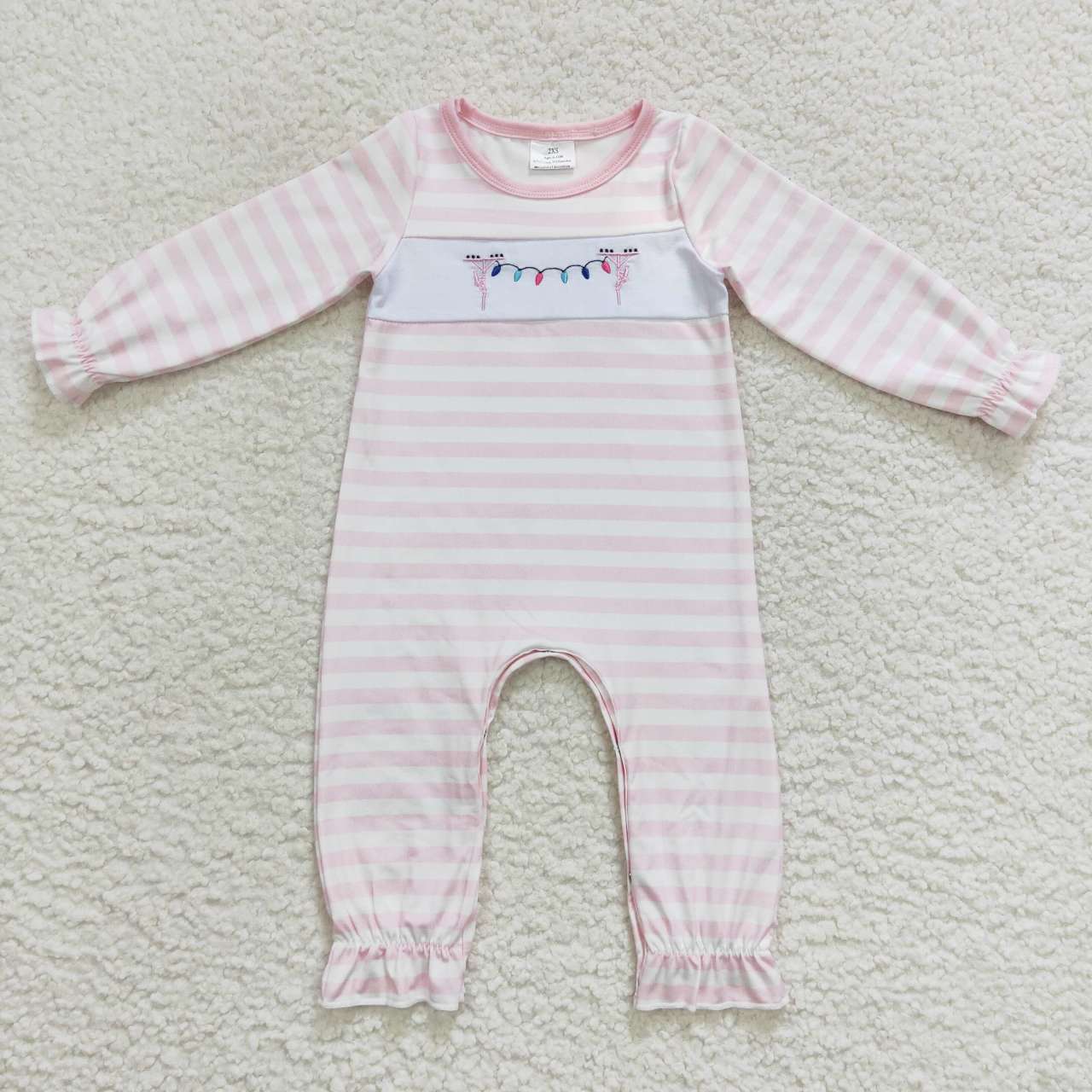 LR0582 Lights Embroidery Pink Stripes Baby Girls Christmas Romper