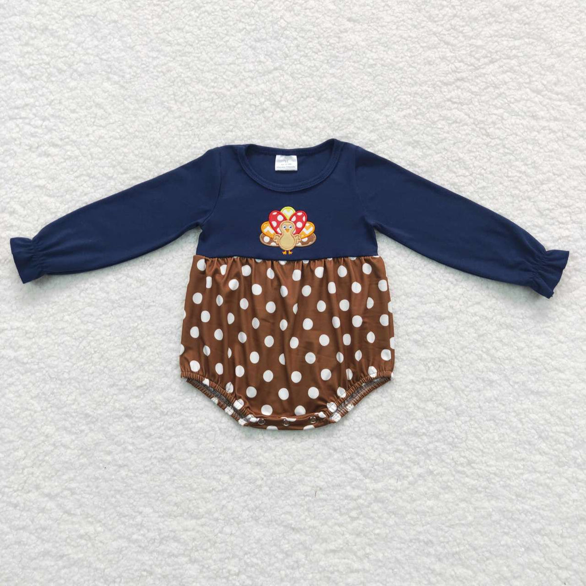 LR0605 Turkey Embroidery Dots Navy Baby Girls Thanksgiving Romper