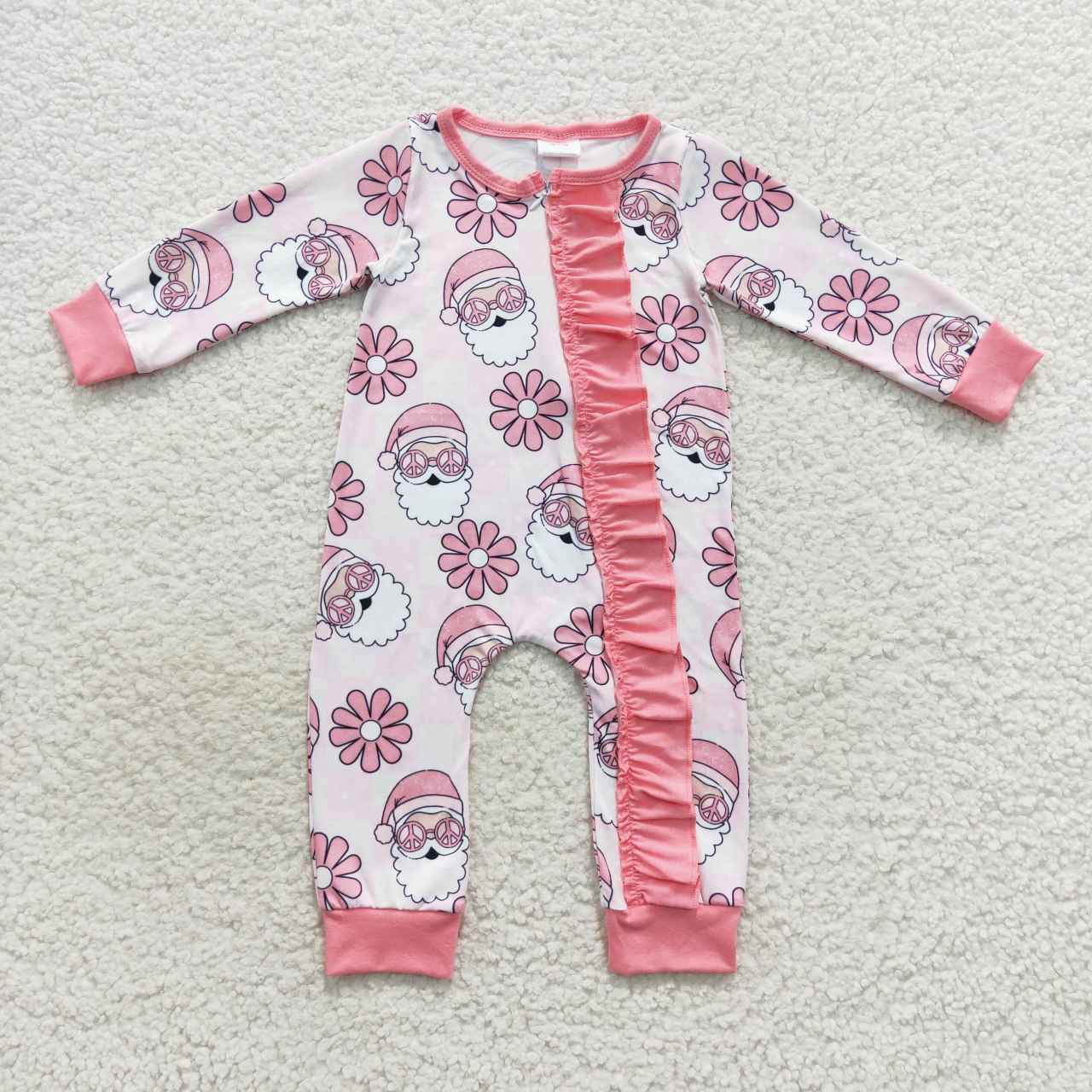 LR0615 Santa Flowers Milk Print Baby Girls Christmas Zipper Sleeper Romper