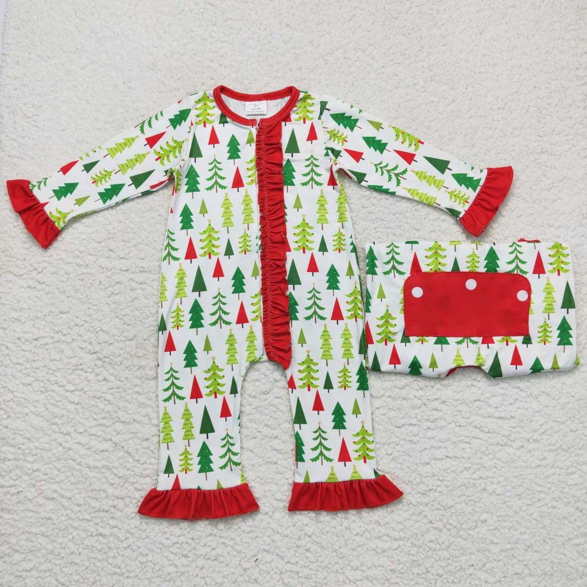 LR0626 Tree Print Baby Girls Christmas Zipper Sleeper Romper