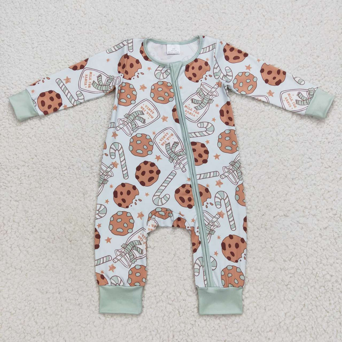 LR0631 Cookies Milk Candy Cane Print Baby Boys Christmas Zipper Sleeper Romper