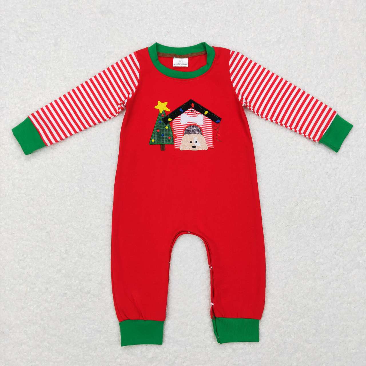 LR0659 Dog House Tree Embroidery Red Baby Boys Christmas Romper
