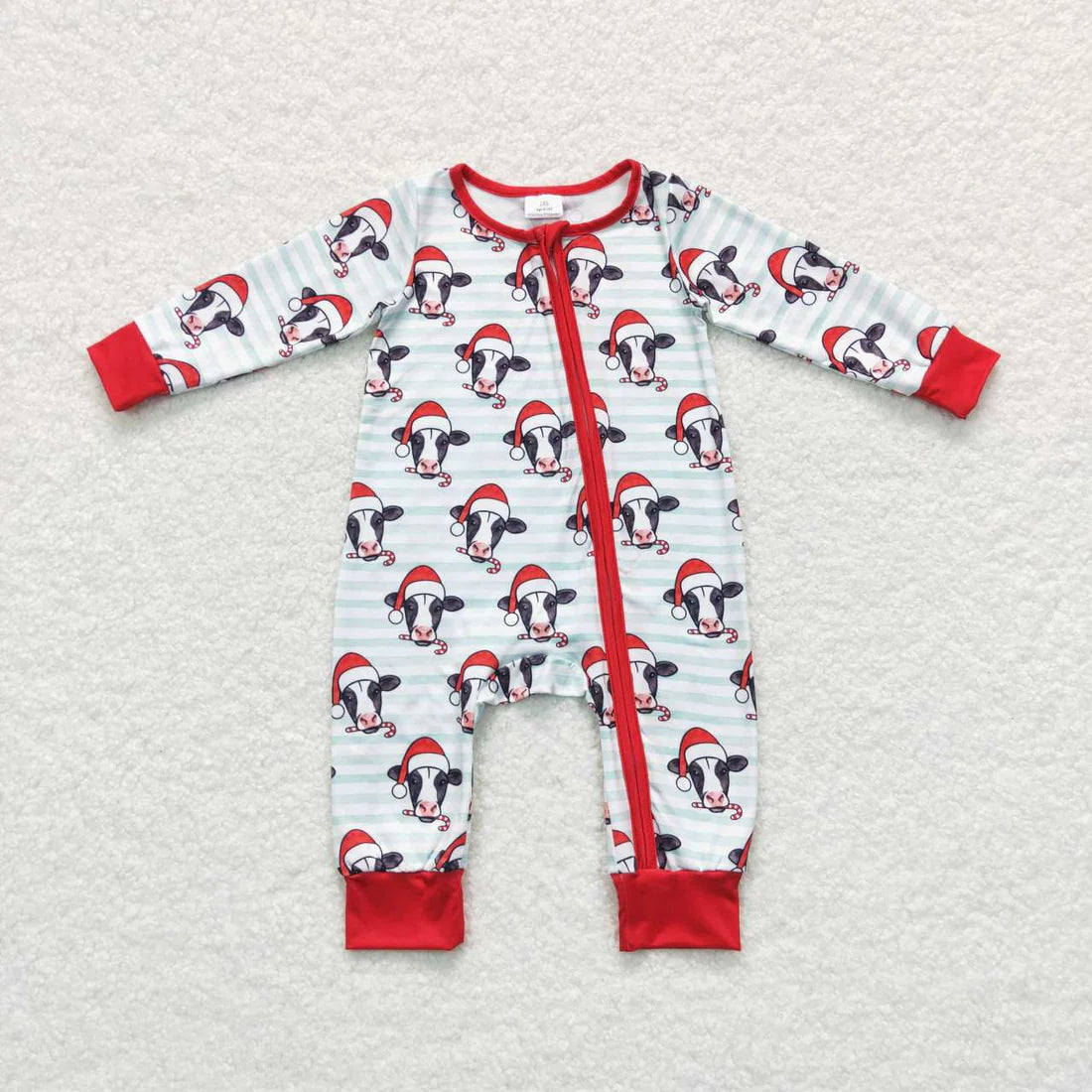 Sibling Baby Boys Light Blue Stripe Hats Cows Top Pants Christmas Pajamas Sets Zipper Rompers