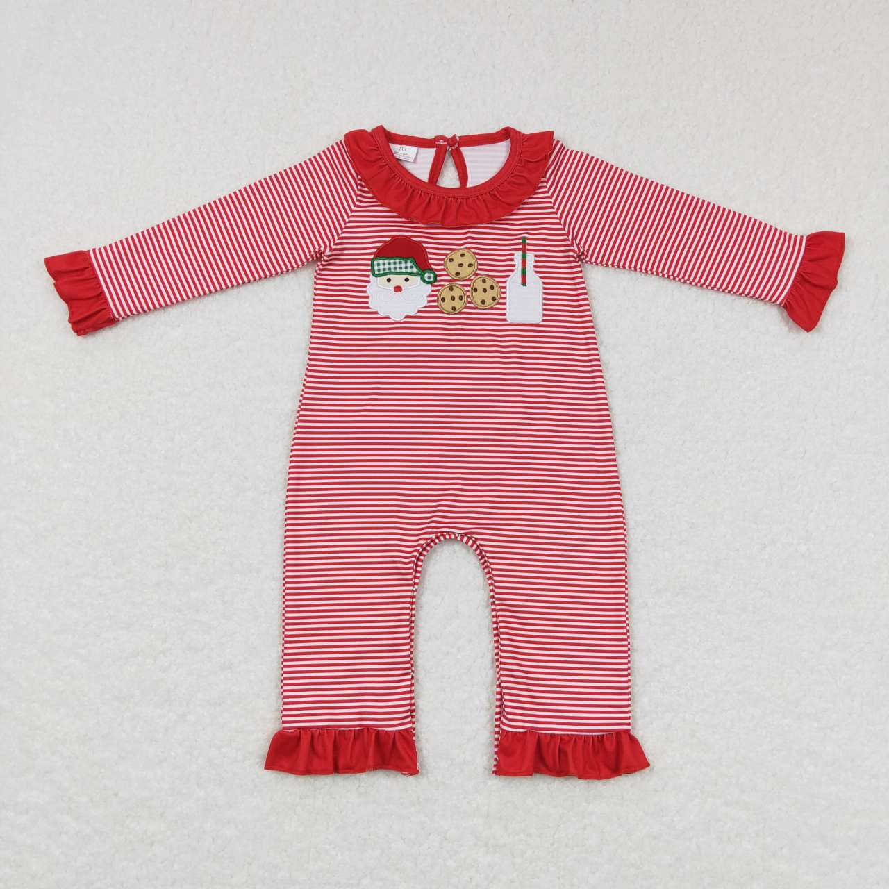 LR0708 Santa Cookies Milk Embroidery Red Stripes Baby Girls Christmas Romper