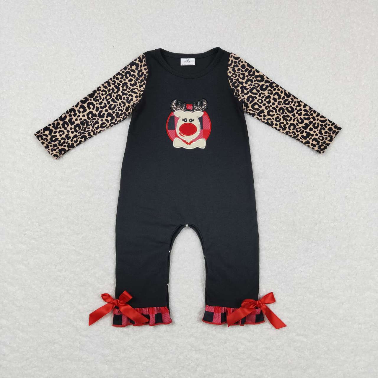 LR0730 Deer Embroidery Leopard Baby Girls Christmas Romper