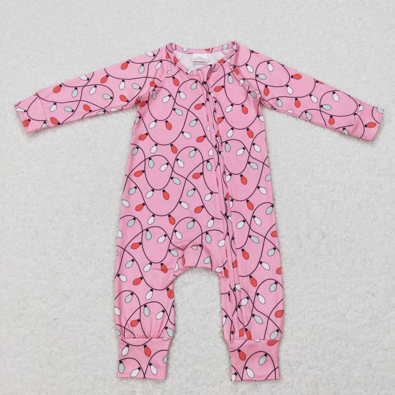 LR0757 Lights Pink Print Baby Girls Christmas Zipper Sleeper Romper