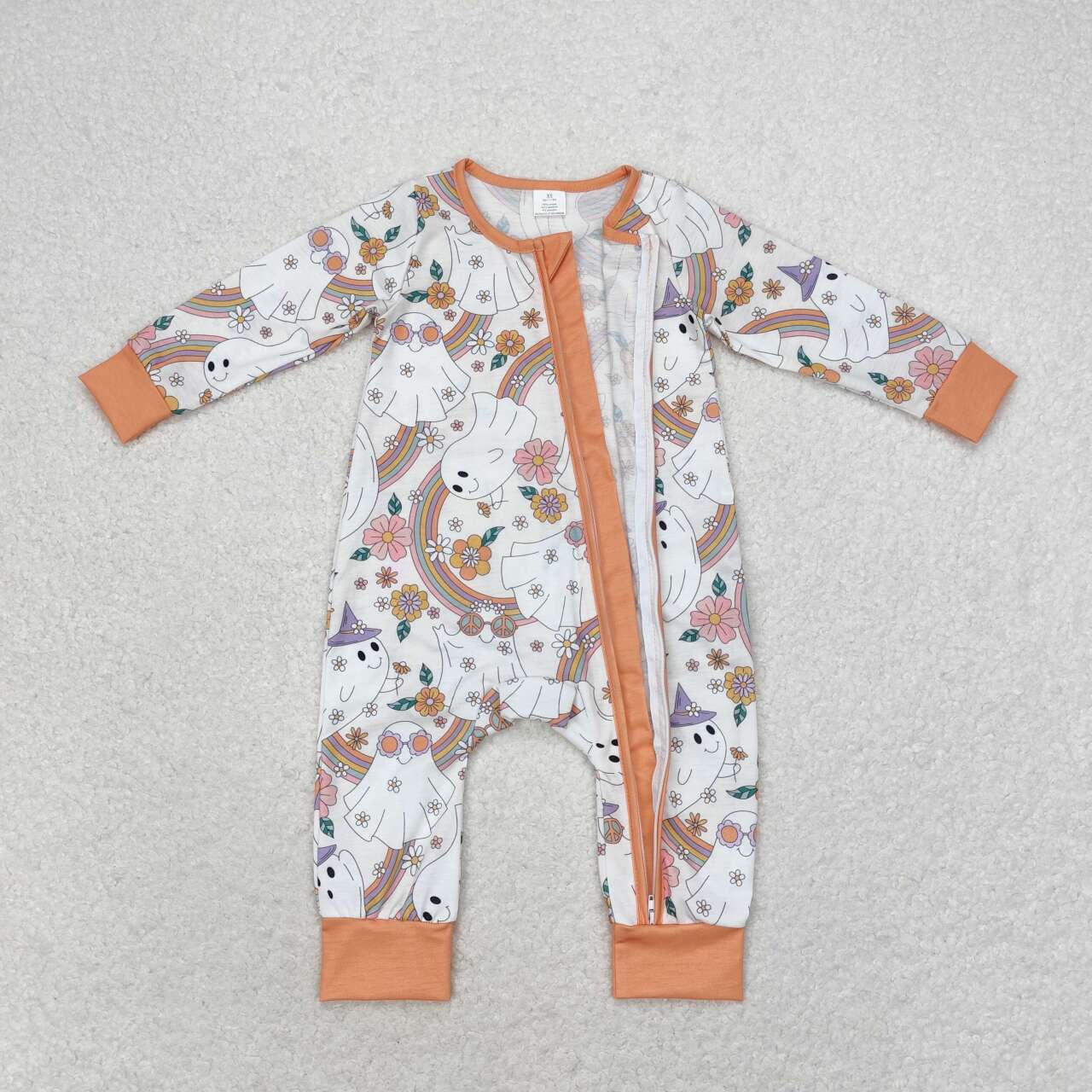 LR0980 Ghost Flowers Rainbow Print Baby Girls Halloween Zipper Sleeper Romper