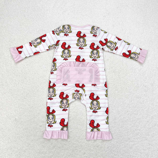 LR1001 Cindy Smiling Pink Stripes Print Baby Girls Christmas Bamboo Zipper Sleeper Romper