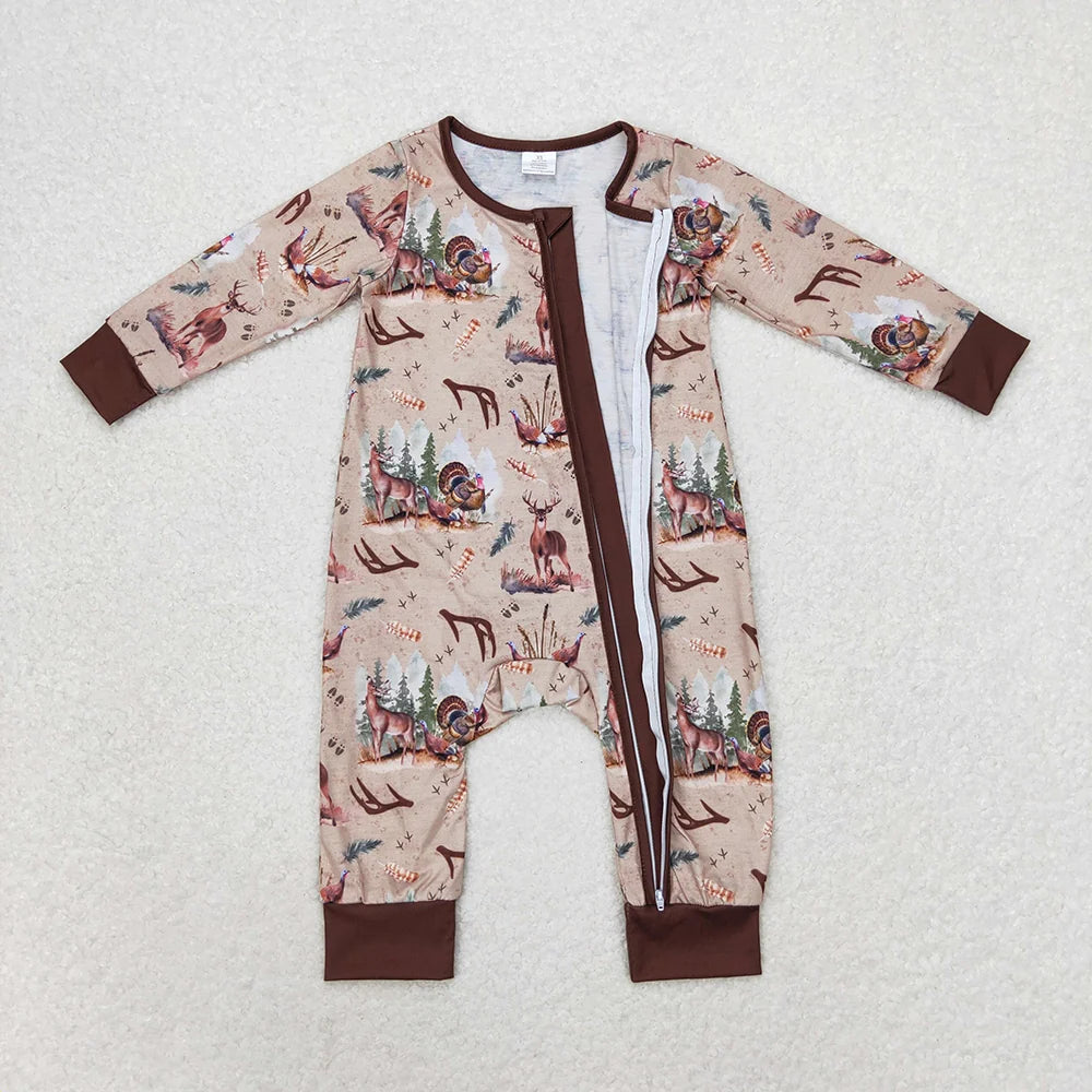 Sibling Baby Boys Hunting Deer Short Sleeve Top Pants Pajama Set +Zipper Romper