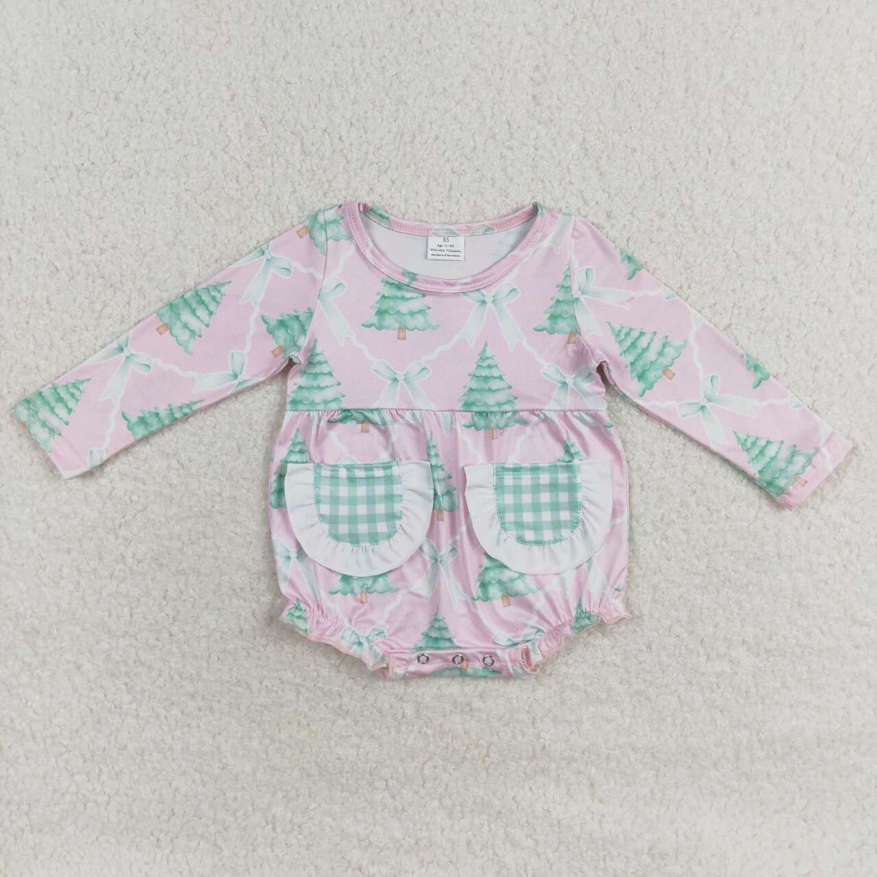 LR1018 Tree Bows Print Pockets Baby Girls Christmas Romper