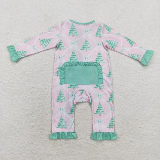 LR1073 Tree Bows Print Baby Girls Christmas Bamboo Zipper Sleeper Romper