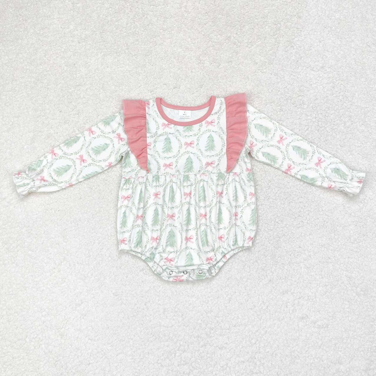 LR1105 Tree Bows Print Baby Girls Christmas Romper