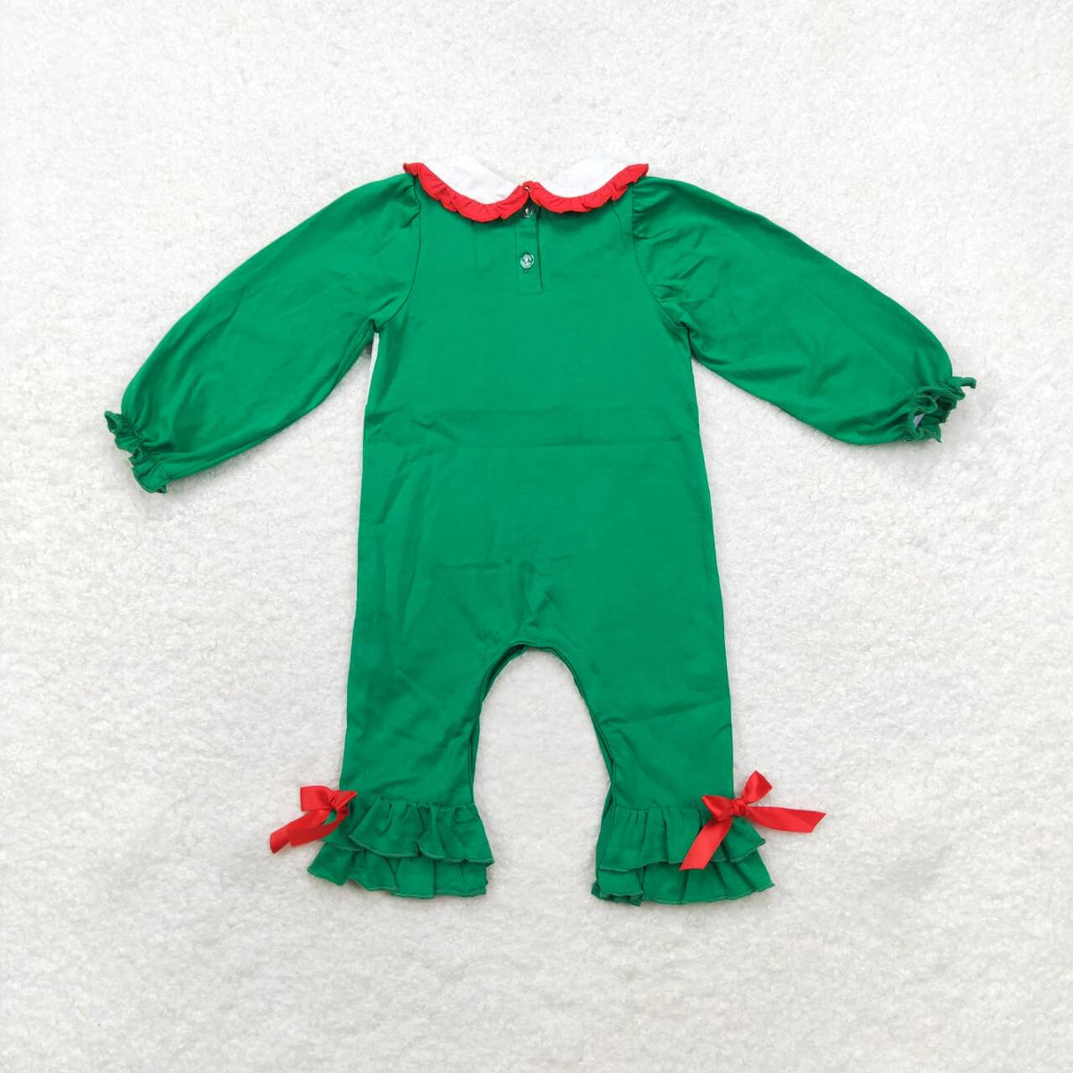 LR1119 Tree Embroidery Green Cotton Baby Girls Christmas Smocked Romper
