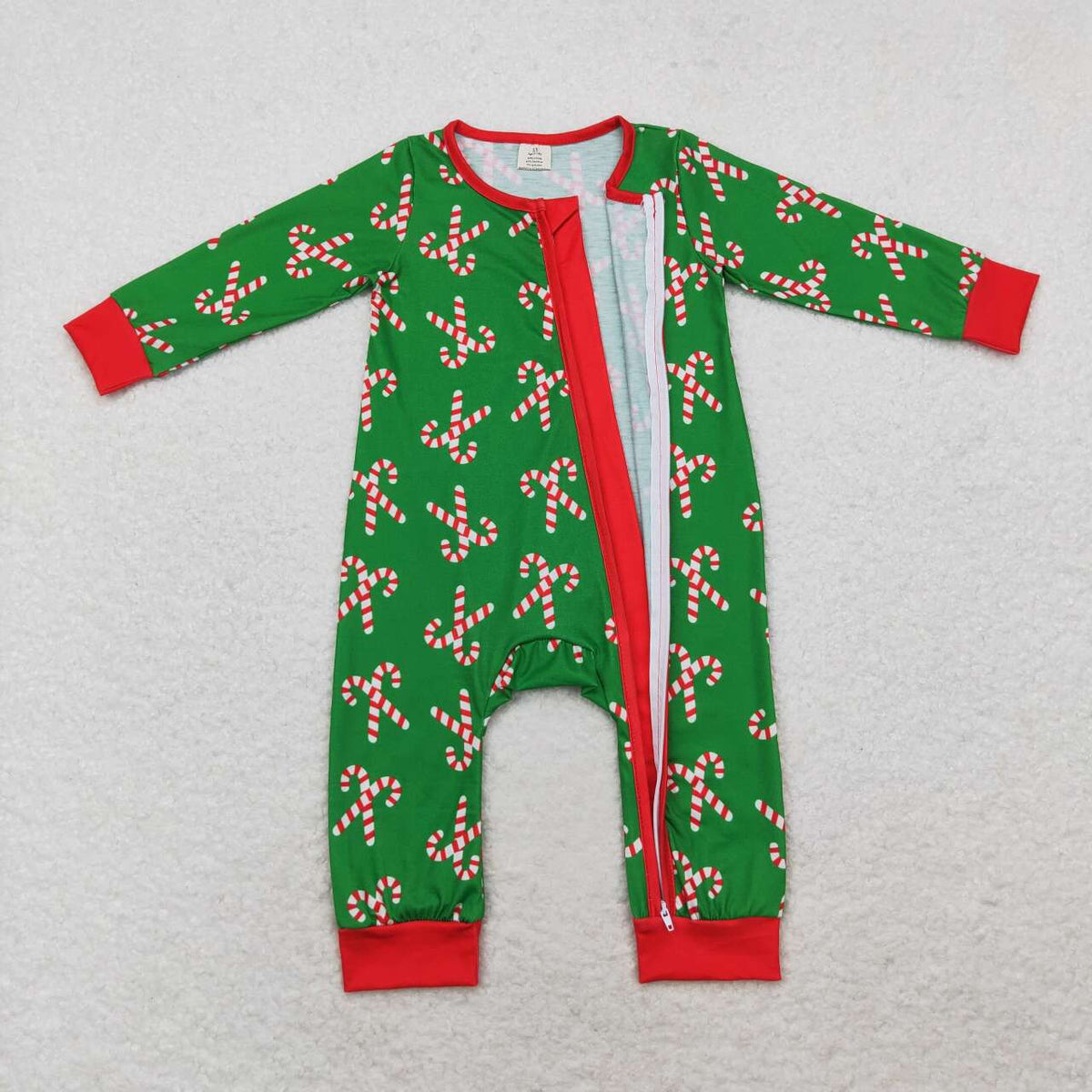 LR1237 Candy Cane Green Print Baby Christmas Bamboo Zipper Sleeper Romper