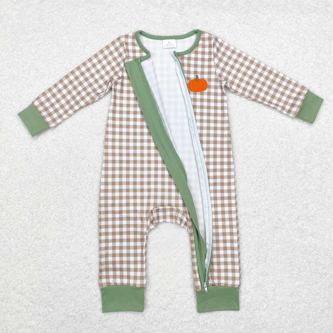 LR1254 Pumpkin Embroidery Green Checkered Print Baby Fall Zipper Sleeper Romper