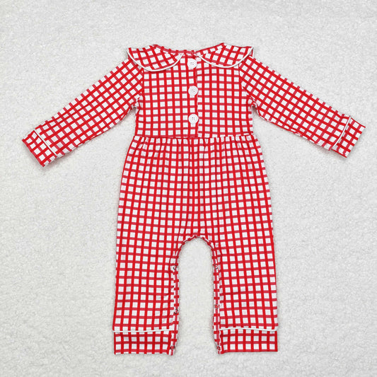 LR1263 Santa Embroidery Red Checkered Print Baby Girls Christmas Romper