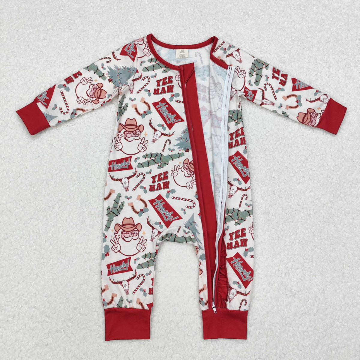 LR1277 Santa Holly Howdy Print Baby Girls Christmas Bamboo Zipper Sleeper Romper