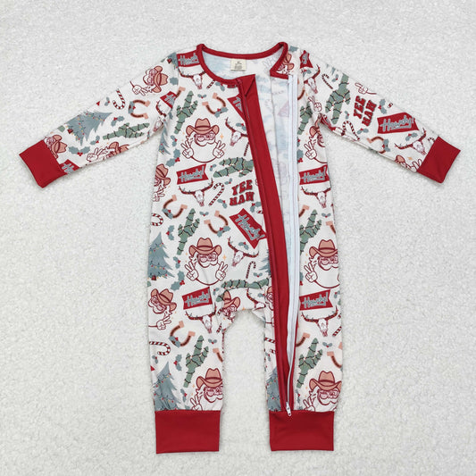 LR1278 Santa Holly Howdy Print Baby Boys Christmas Bamboo Zipper Sleeper Romper